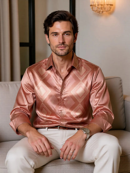 Camisa Social Masculina de Cetim com Manga Longa e Botões, Estampada, Tecido Liso e Brilhante, Ideal para o Dia a Dia, Escritório, Trabalho e Uso Diário