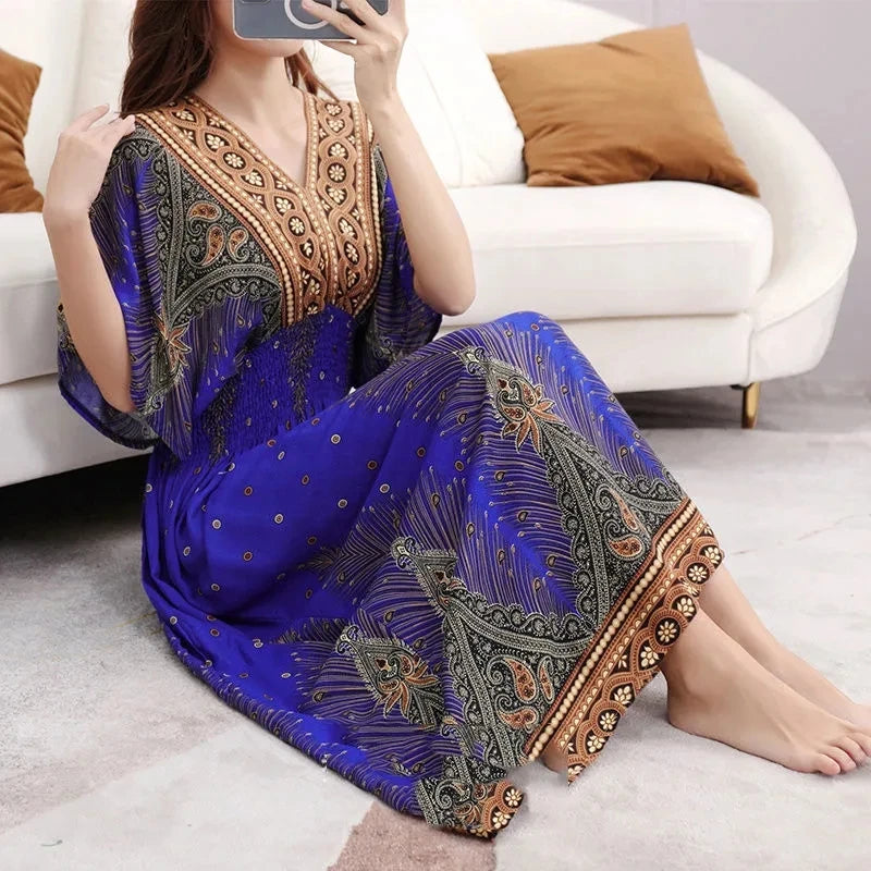 Flor colorida com decote em v elástico jovem boêmio doce midi vestido mulher roupas chique moda vestidos de verão 2025 grande balanço esqui