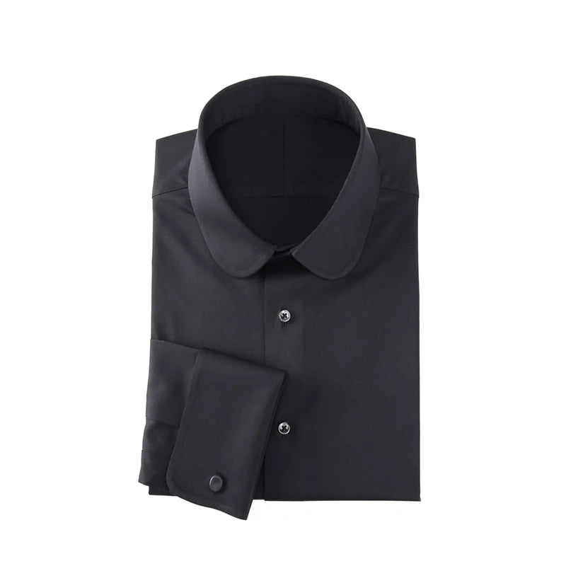 Camisa masculina clássica com gola Eton, gola arredondada, manga comprida, 100% algodão, punho regular, branca, personalizada para homens.