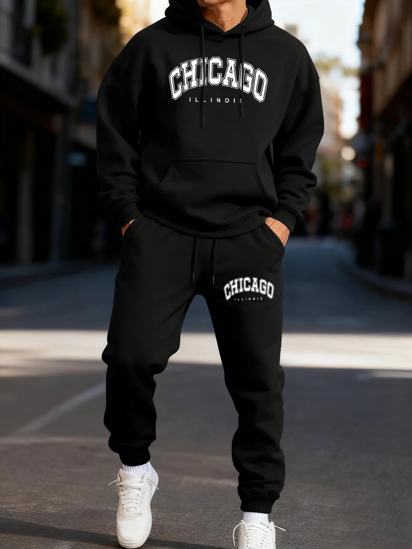 Chicago Letter Logo Prints Mans Hoodie Set Couple'S Comfortable Two Pices Sets Fashion Jogging Pants Loose Pocket Streetwear