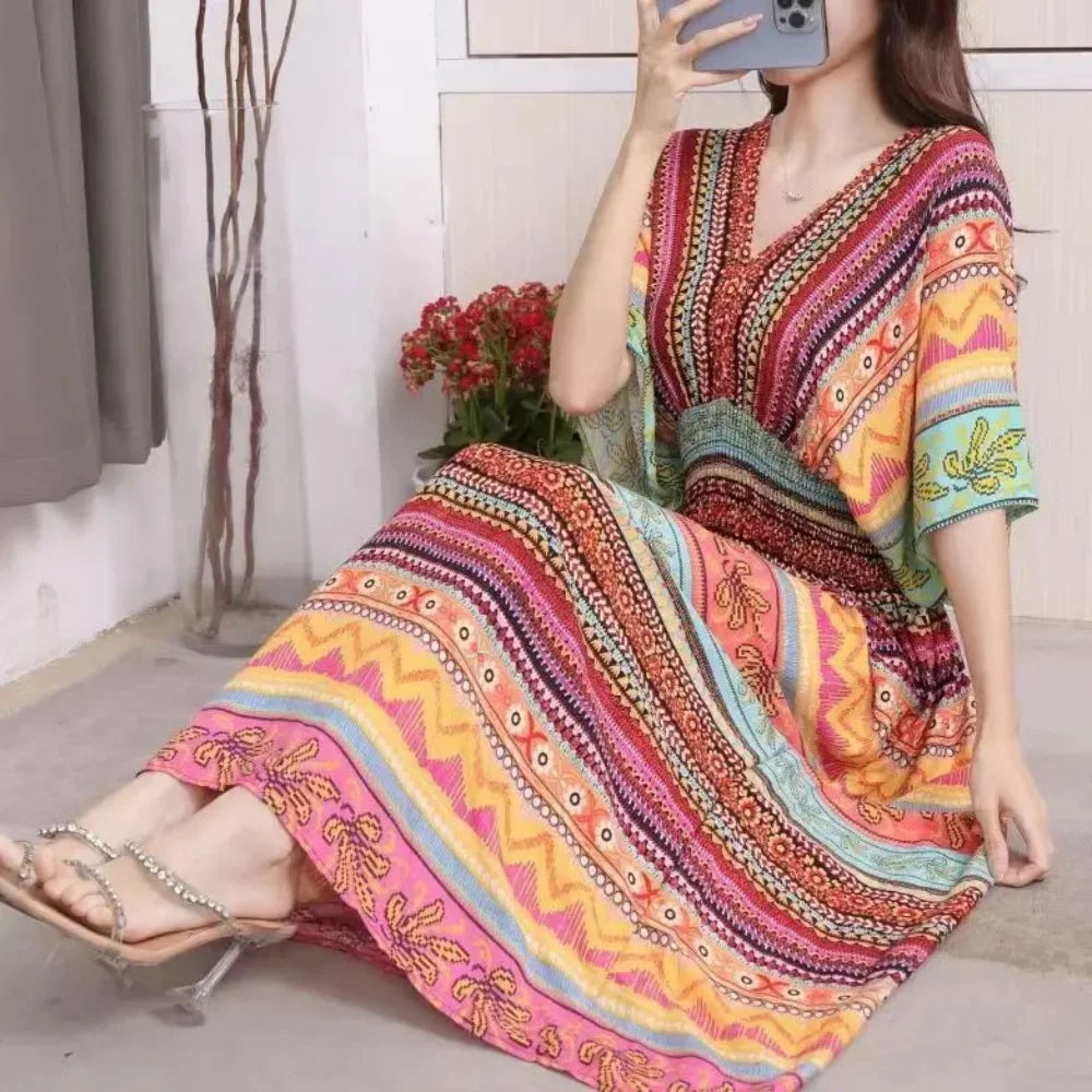 Flor colorida com decote em v elástico jovem boêmio doce midi vestido mulher roupas chique moda vestidos de verão 2025 grande balanço esqui