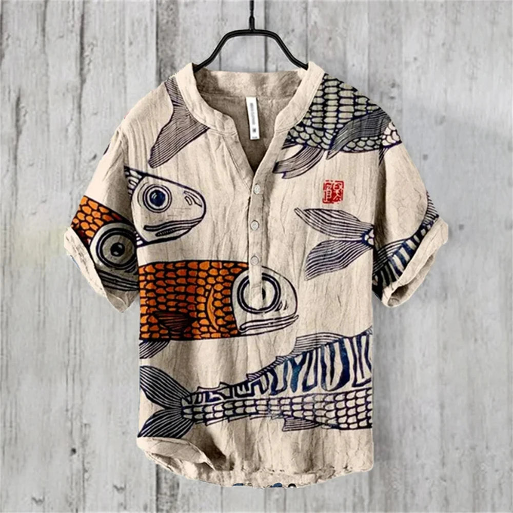 Camisa Polo Masculina de Manga Curta com Estampa de Carpa Japonesa Retro Ukiyo-E, Confortável e de Alta Qualidade