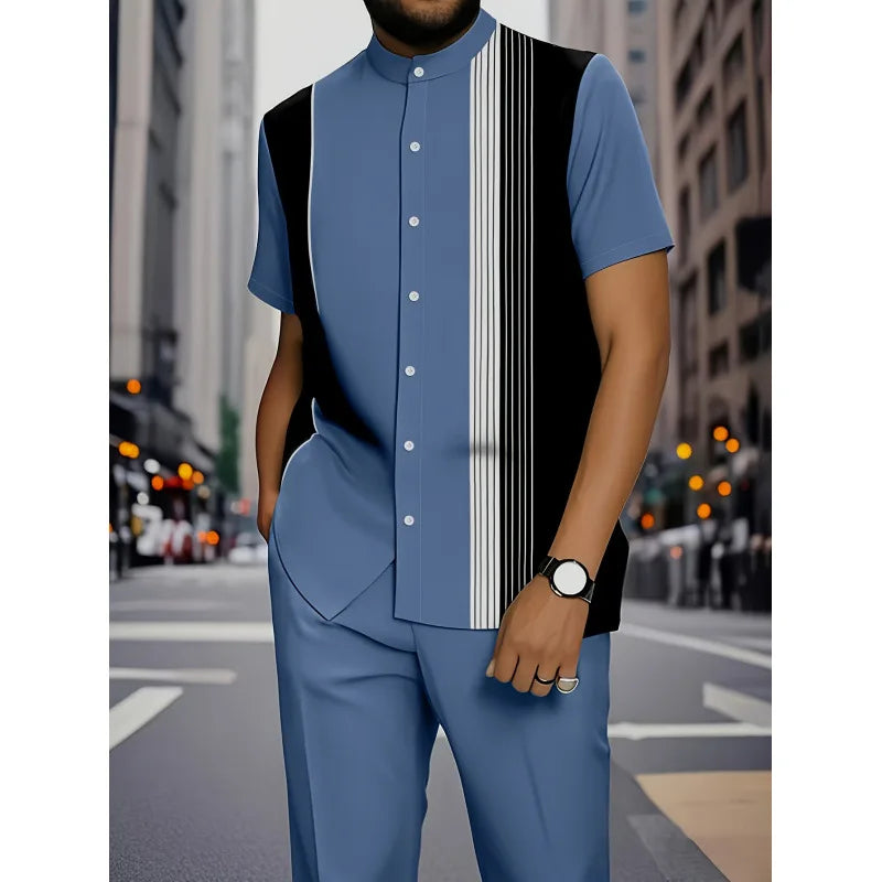 Conjunto de Camisa Listrada para Homens, Slim Fit, em Couro PU com Forro de Fleece, Colarinho Cubano, Manga Três Quartos, Estilo Cleanfit para o Verão