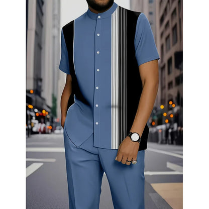 Conjunto de Camisa Listrada para Homens, Slim Fit, em Couro PU com Forro de Fleece, Colarinho Cubano, Manga Três Quartos, Estilo Cleanfit para o Verão