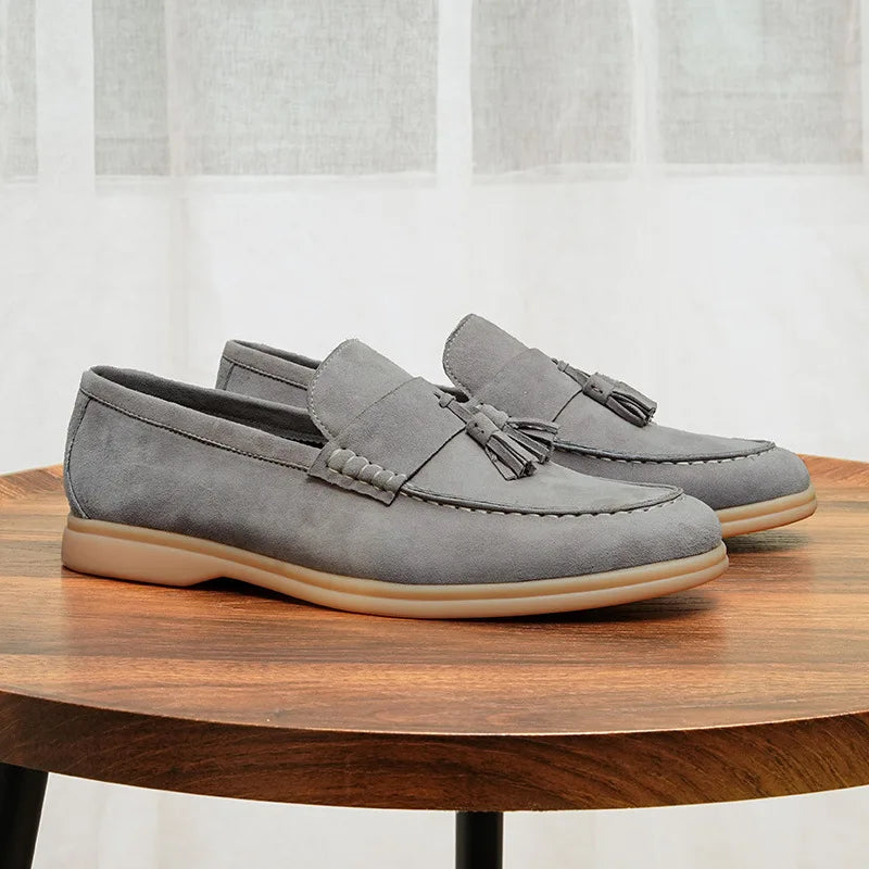 Mocassins Masculinos com Detalhe de Franjas em Couro Legítimo, Sapatos Formais de Negócios com Bico Redondo e Sola Baixa de Borracha, Respirável para o Verão