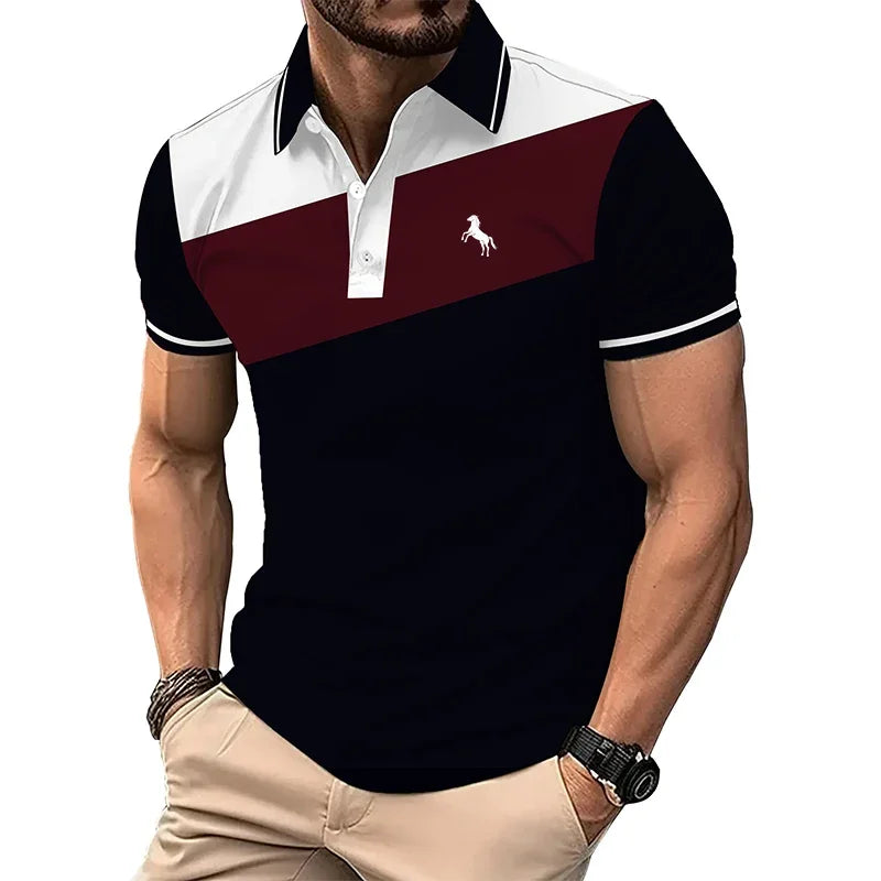 Men Slim Fit Color Block Polo Shirt Deer Embroidery Short Sleeve Breathable Business Casual Fashion Top For Summer Daily Wear