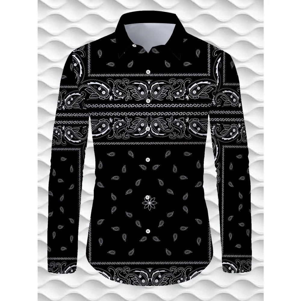 Camisas masculinas retrô com estampa geométrica 3D, manga comprida, elegantes, pretas e brancas, com blocos de cores, slim fit, casual, versátil.