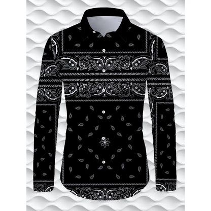 Camisas masculinas retrô com estampa geométrica 3D, manga comprida, elegantes, pretas e brancas, com blocos de cores, slim fit, casual, versátil.