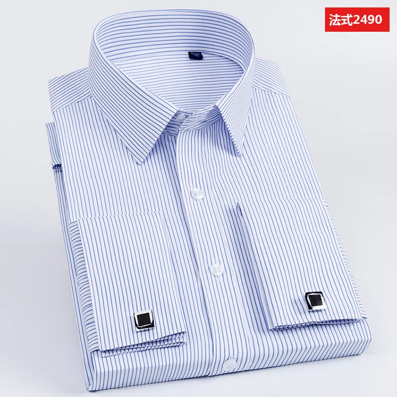 Camisa masculina com abotoaduras francesas, ajuste fino de manga comprida, manga de negócios, sem unhas, camisa formal masculina de cor sólida