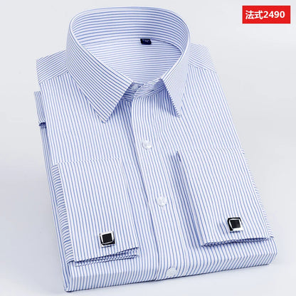 Camisa masculina com abotoaduras francesas, ajuste fino de manga comprida, manga de negócios, sem unhas, camisa formal masculina de cor sólida