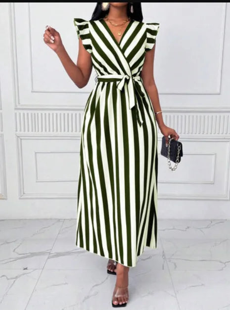 Vestido longo estampado de verão com decote em V temperamento elegante cinto listrado