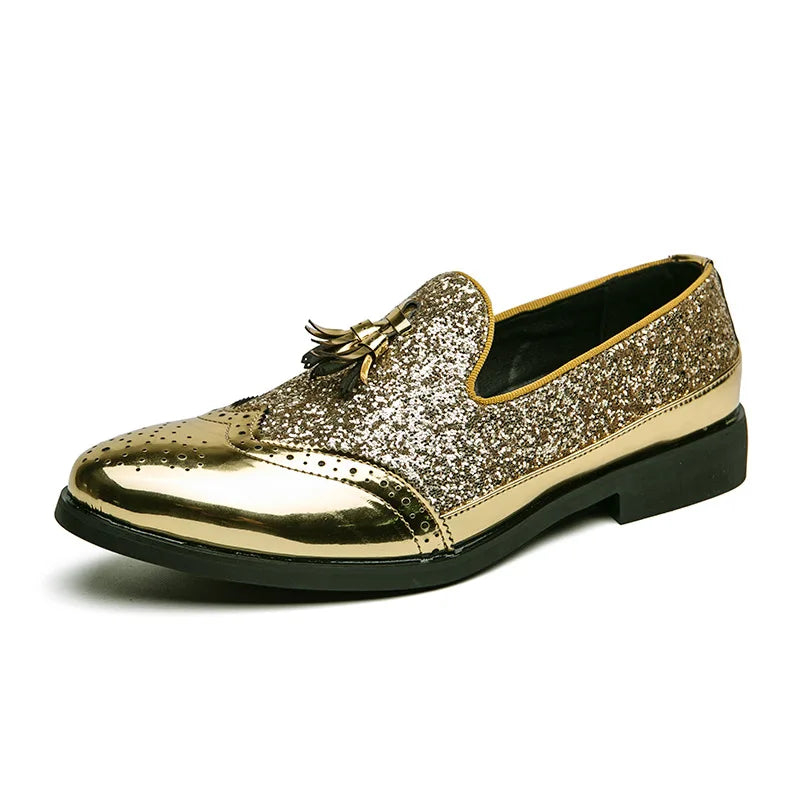 Sapatos sociais masculinos com glitter dourado, sapatos formais de marca, couro italiano, moda de luxo, casamento, sapatos oxford, tamanho grande 38- 47