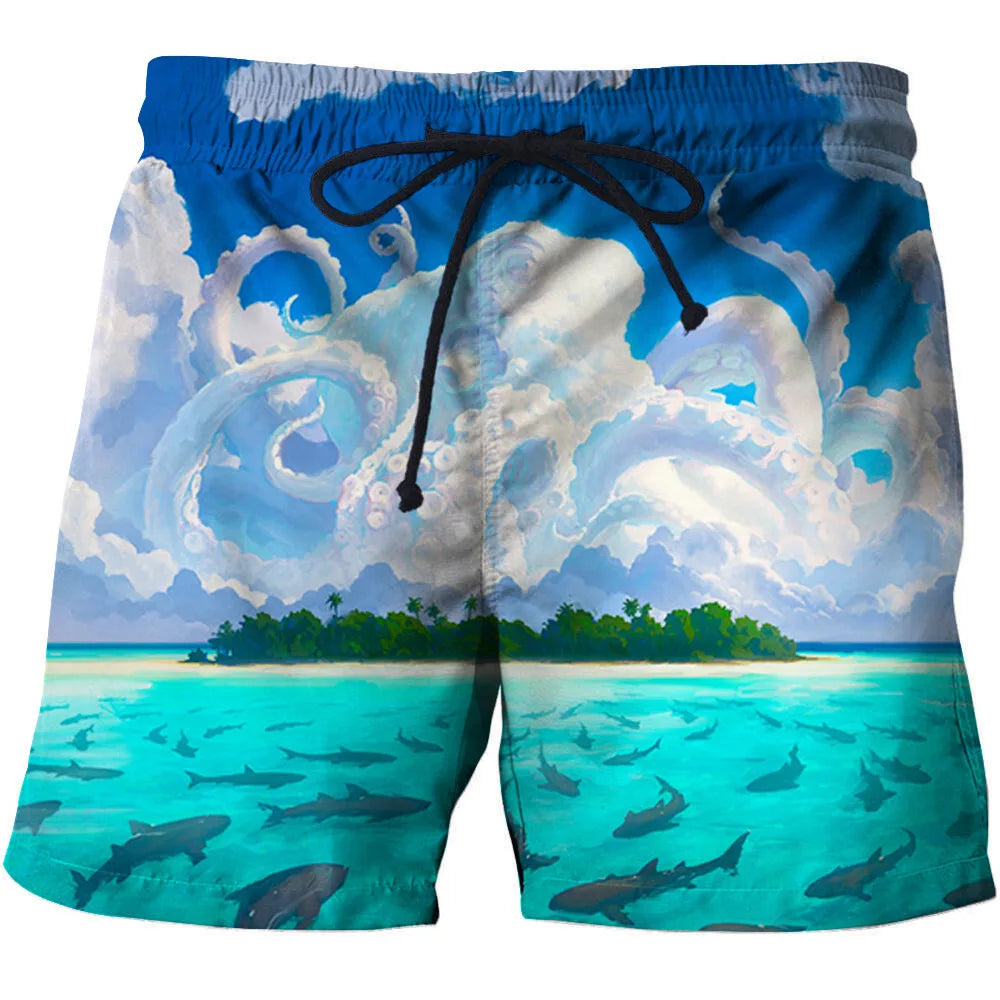 Calção de Banho Havaiano de Secagem Rápida Masculina, Shorts Esportivos para Férias, Estampado 3D Coqueiro, Solto, Moda Verão, 6XL