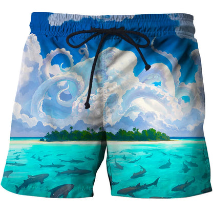 Calção de Banho Havaiano de Secagem Rápida Masculina, Shorts Esportivos para Férias, Estampado 3D Coqueiro, Solto, Moda Verão, 6XL