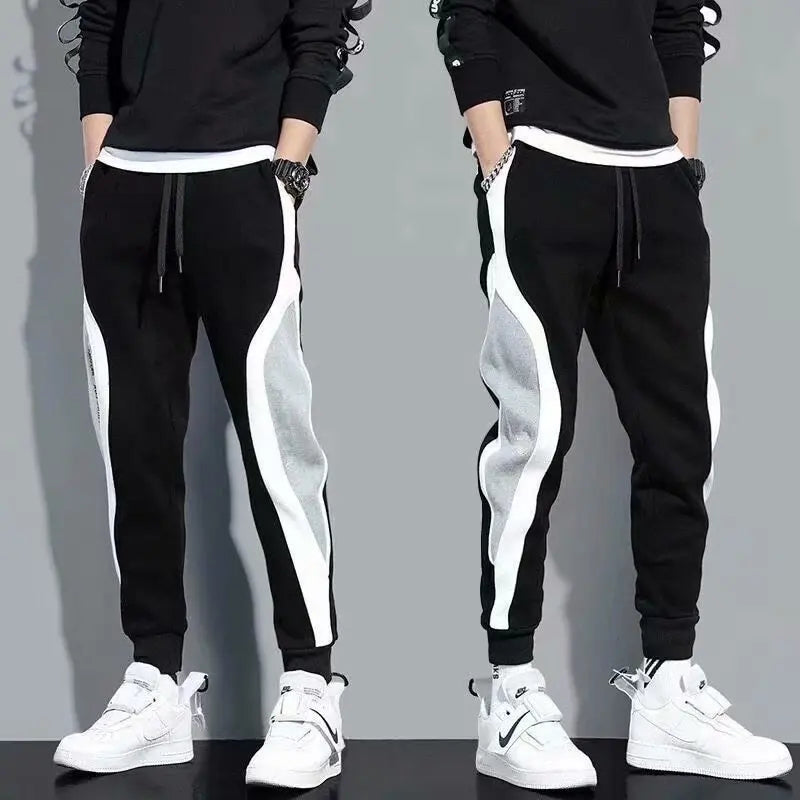 Calças esportivas masculinas para primavera e outono, leggings folgadas com detalhes em patchwork para corrida e treino, calças casuais da moda.