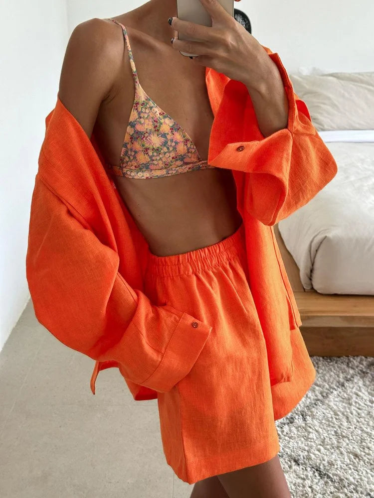 Elegante algodão linho lapela camisas conjunto casual elástico de cintura alta sólida calças soltas femininas terno 2025 senhora 2 peça outfits novo