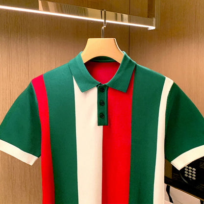 Camisa polo de retalhos listrado masculino, tops de malha casual, camiseta de manga curta, moda verão, nova, 2022, Z18