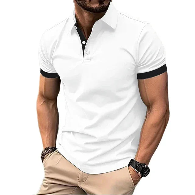 Camisa polo masculina de manga curta, corte slim casual, com blocos de cores, estilo inglês streetwear. Moda masculina.