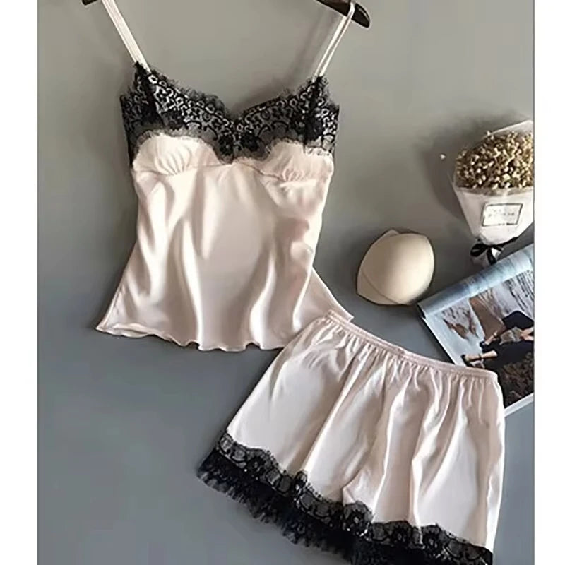 Mulheres pijama terno moda com decote em v estiramento cetim babydoll renda lingerie sexy bowknot pijamas sono shorts conjunto pijamas novo
