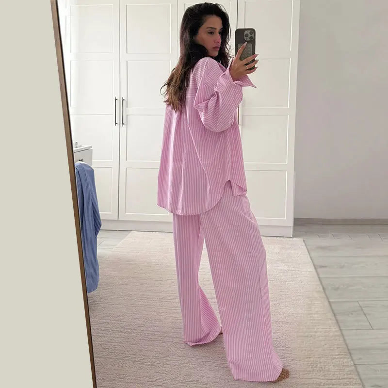 DSMTRC Women Casual Blue Stripe Loose Suits Buttons Shirt + Drawstring Pant 2025 New Summer Fashion Holidays Simple Stylish Sets