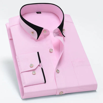 Camisa de negócios masculina manga longa botão para baixo camisa social anti-rugas escritório camisa masculina manga longa cor preta casual