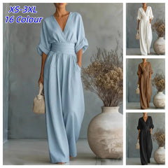 2026 Deep V Neck Women's Jumpsuits Elegant Solid High Waist Rompers Casual Wide Leg Pants Pocket Overalls Vacation Outfit Loose