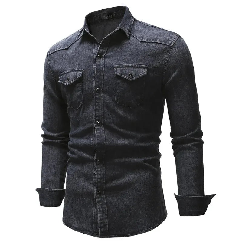 Camisa Jeans Vintage Masculina KIDWHXR com Gola Dobrável, Manga Longa, Slim, Casual, Estilo Cargo, com Botões