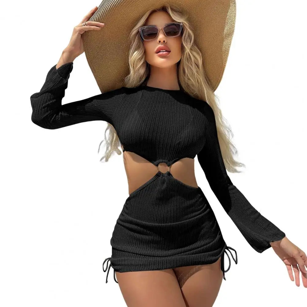 Conjunto de biquíni feminino de 3 peças com sutiã frente única, amarração nas costas e saída de praia em malha. Cor sólida. Ideal para mulheres.