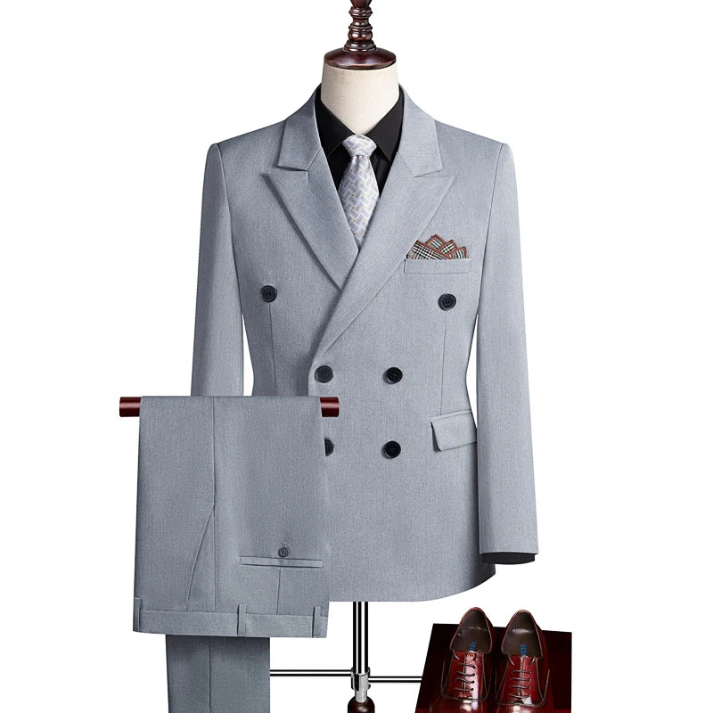 Terno Casual Masculino de Três Peças com Abotoamento Duplo para Festas e Casamentos, Traje Coreano de Cor Sólida Leve e Elegante