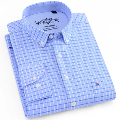 Camisa masculina de manga comprida oxford com botão no peito esquerdo confortável outono inverno ajuste regular casual versátil moda