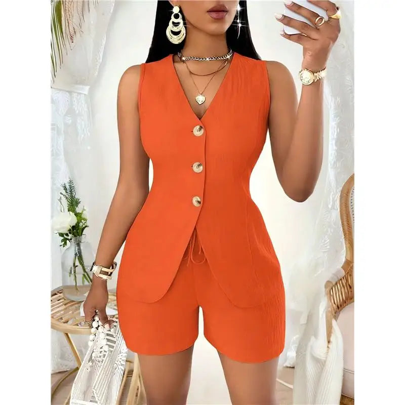 Conjunto Feminino Casual Spicy Girl 2026: Top Sem Mangas e Shorts com Cinto – Terno de Três Peças Moderno para Primavera, Verão e Outono