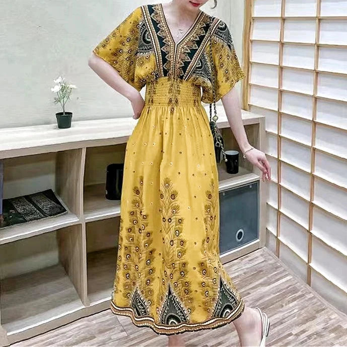 Flor colorida com decote em v elástico jovem boêmio doce midi vestido mulher roupas chique moda vestidos de verão 2025 grande balanço esqui