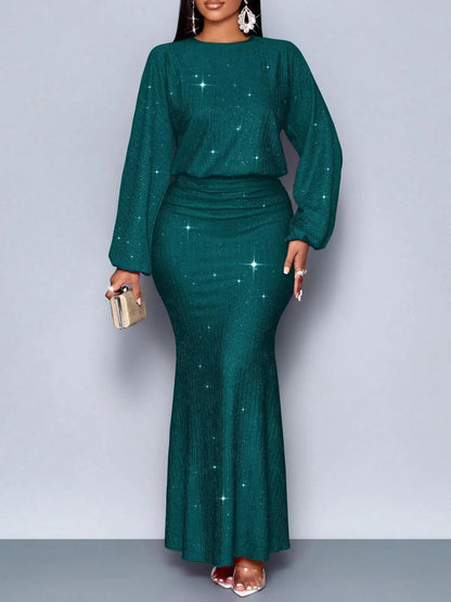 Vestido de Noite Elegante para Mulheres, Decote Redondo, Manga Longa, Saia em Cauda de Peixe Plissada, Vestido Sexy Longo e Slim para Primavera e Verão