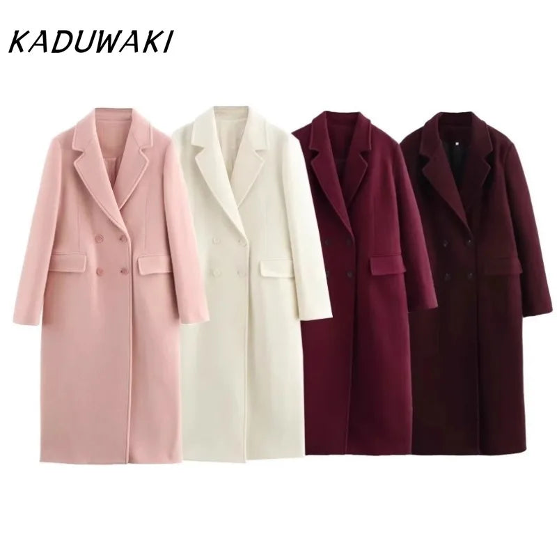 Casaco longo feminino KADUWAKI de lã, casual, elegante, com gola dobrável, mangas compridas, bolsos e abotoamento duplo, ideal para outono e inverno.