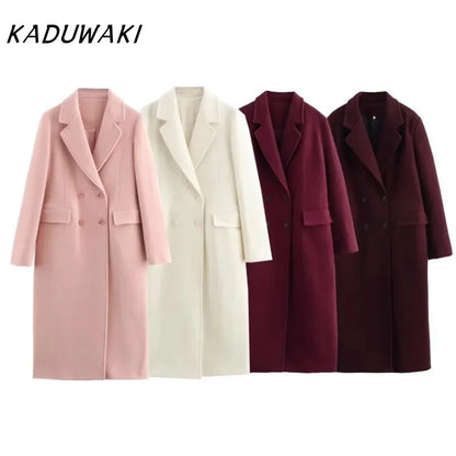 Casaco longo feminino KADUWAKI de lã, casual, elegante, com gola dobrável, mangas compridas, bolsos e abotoamento duplo, ideal para outono e inverno.