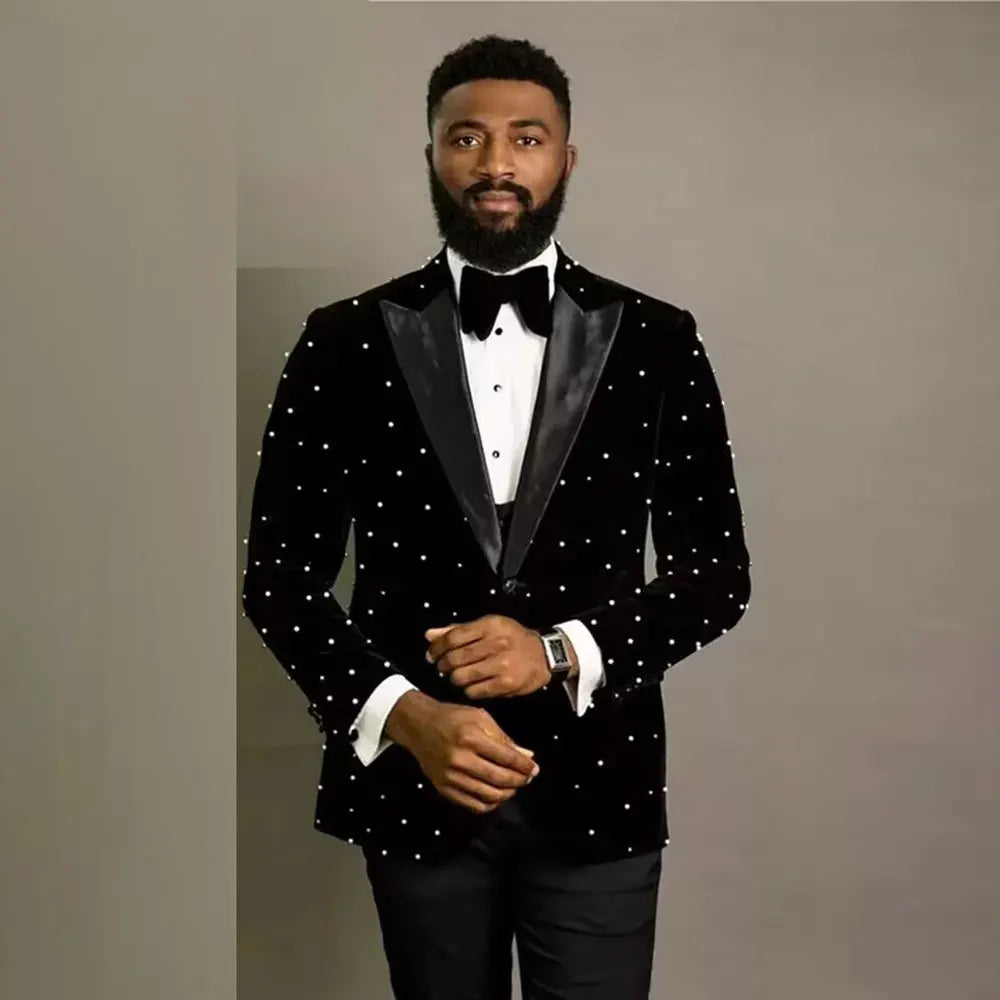 Terno de casamento masculino de luxo personalizado, lapela repicada, pérolas, smoking para noivo, veludo preto, para festa de baile, baile,иджак