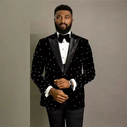 Terno de casamento masculino de luxo personalizado, lapela repicada, pérolas, smoking para noivo, veludo preto, para festa de baile, baile,иджак