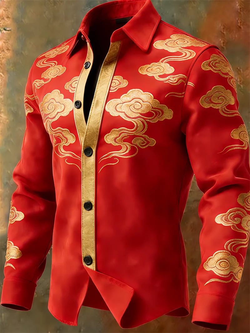Nova camisa masculina retrô com padrão multicolorido e estampa 3D de nuvens, camisa casual marrom de manga comprida para o dia a dia.