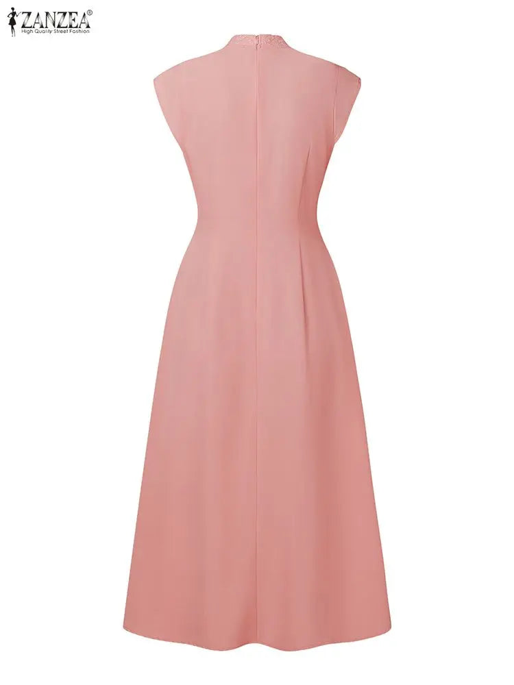 Vestido midi elegante ZANZEA para convidadas de casamento, com bordados em tule e patchwork, gola alta e mangas curtas.