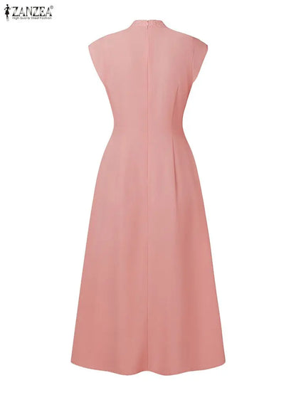 Vestido midi elegante ZANZEA para convidadas de casamento, com bordados em tule e patchwork, gola alta e mangas curtas.