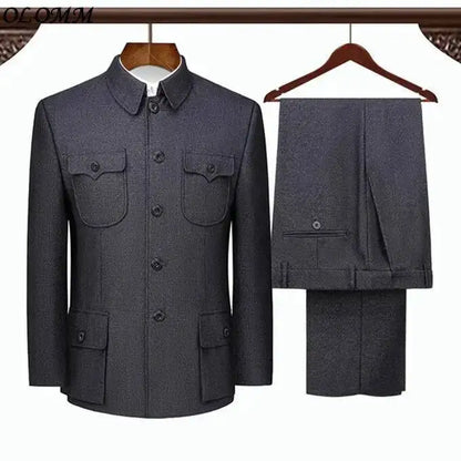 Túnica chinesa terno primavera outono idosos mais recentes casaco calça projetos de duas peças dos homens formal wear pai roupas azul dupla camada