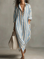 Vestido Chemise Longo Estampado Listrado com Decote V Solto, Tendência Oversize, Moda Primavera/Verão 2026, Novo Modelo para Comércio Europeu e Americano