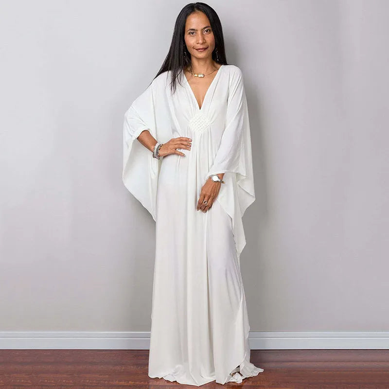 Vestidos Kaftan de Praia Plus Size para Mulheres, com Decote em V e Manga Morcego, em Cores Sólidas, Roupas de Lazer