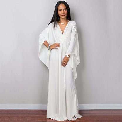 Vestidos Kaftan de Praia Plus Size para Mulheres, com Decote em V e Manga Morcego, em Cores Sólidas, Roupas de Lazer