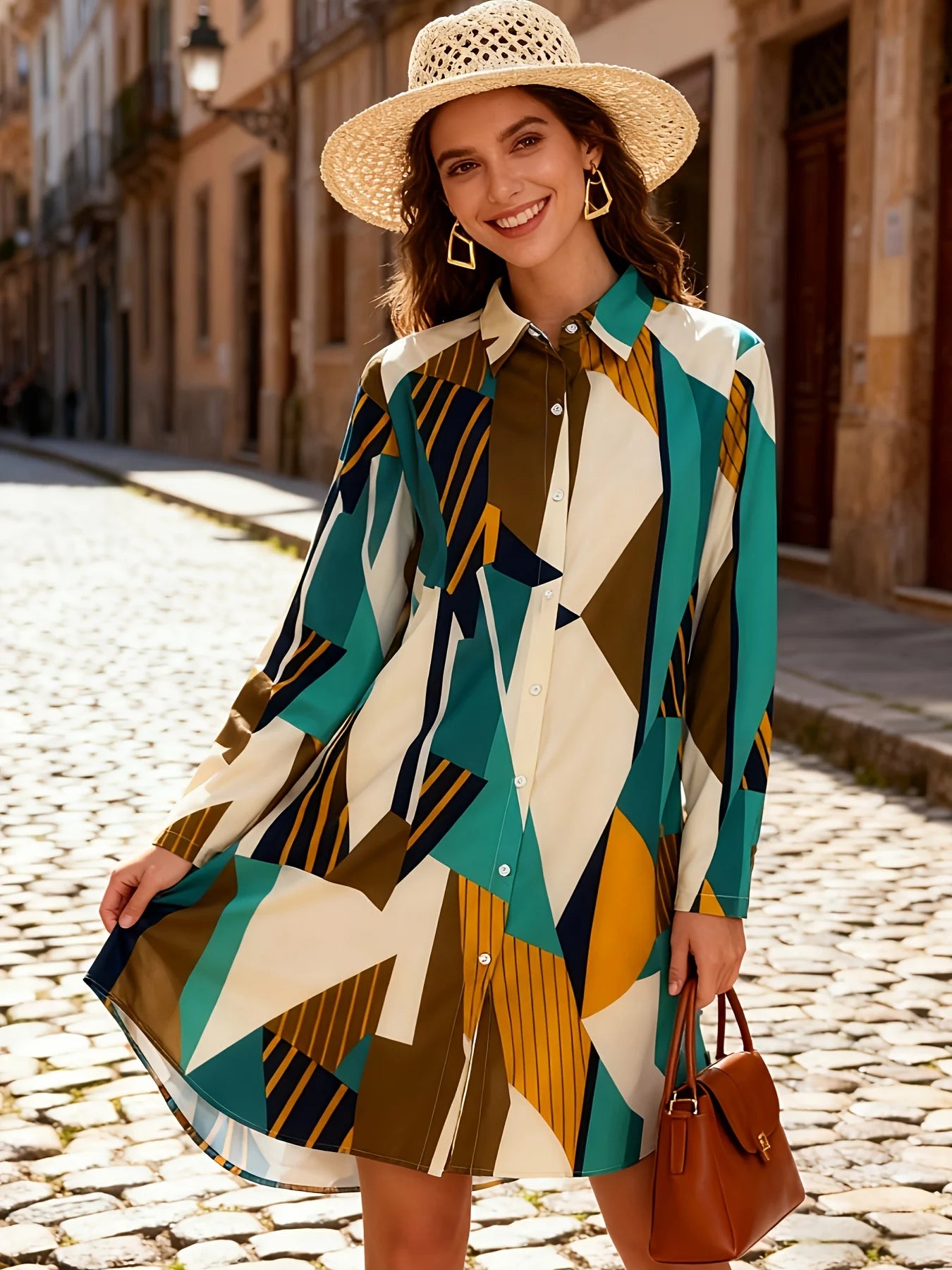Vestido camisa de manga comprida, estilo casual de férias, modelo oversized com botões, para mulheres, moda verão/outono, modelo evasê