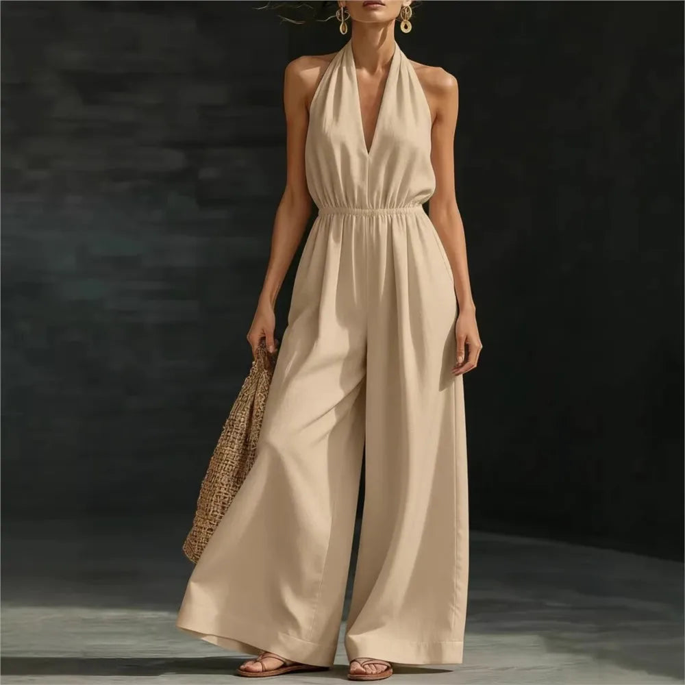 Macacão Feminino Halter Neck: Novo Macacão Casual Solto de Verão Francês com Decote V Sexy e Cor Sólida