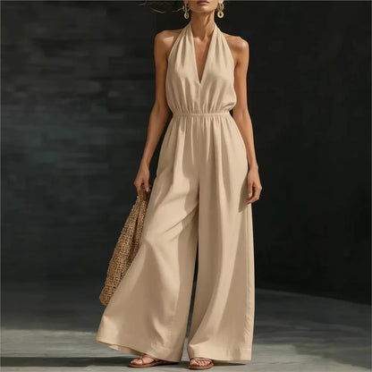 Macacão Feminino Halter Neck: Novo Macacão Casual Solto de Verão Francês com Decote V Sexy e Cor Sólida