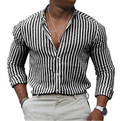 Nova camisa listrada masculina manga longa impressão respirável t camisas lapela camisas básicas para homem leve camisa havaiana streetwear