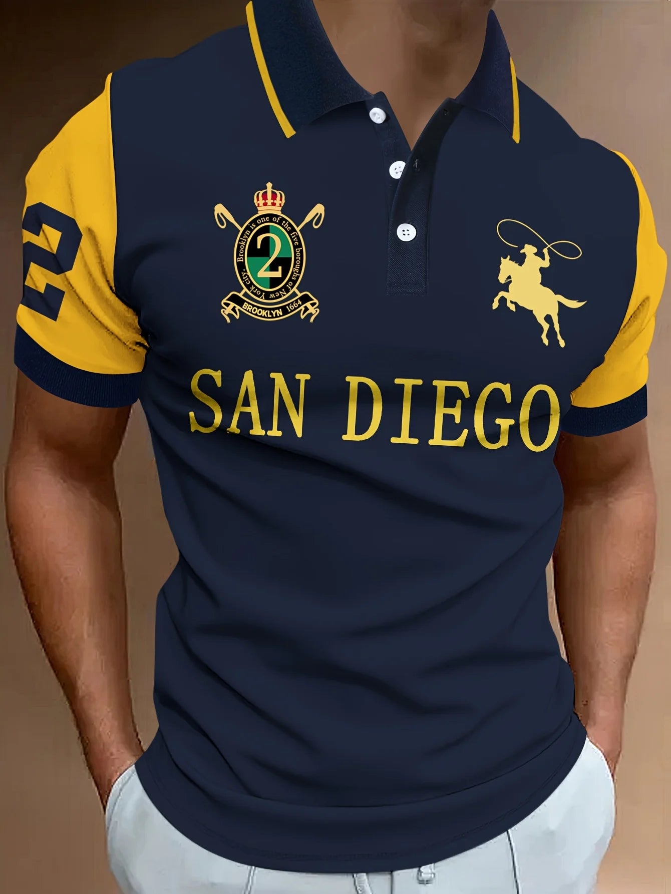 2026 Men's Fashion Polo Shirt | Brooklyn 1664 Emblem & Cowboy Print | Color Block Short Sleeve Casual Golf Top for Summer