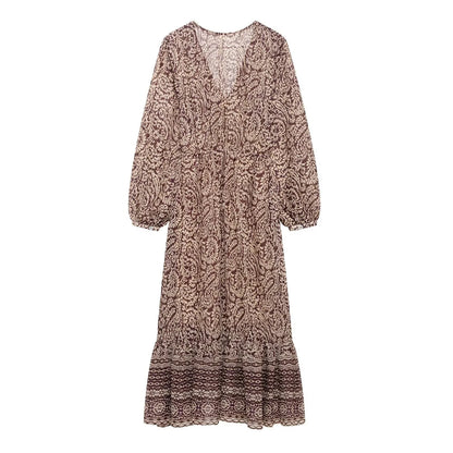 novo produto feminino empilhado decorativo impresso com decote em v midi vestido moda retro padrão impresso saia